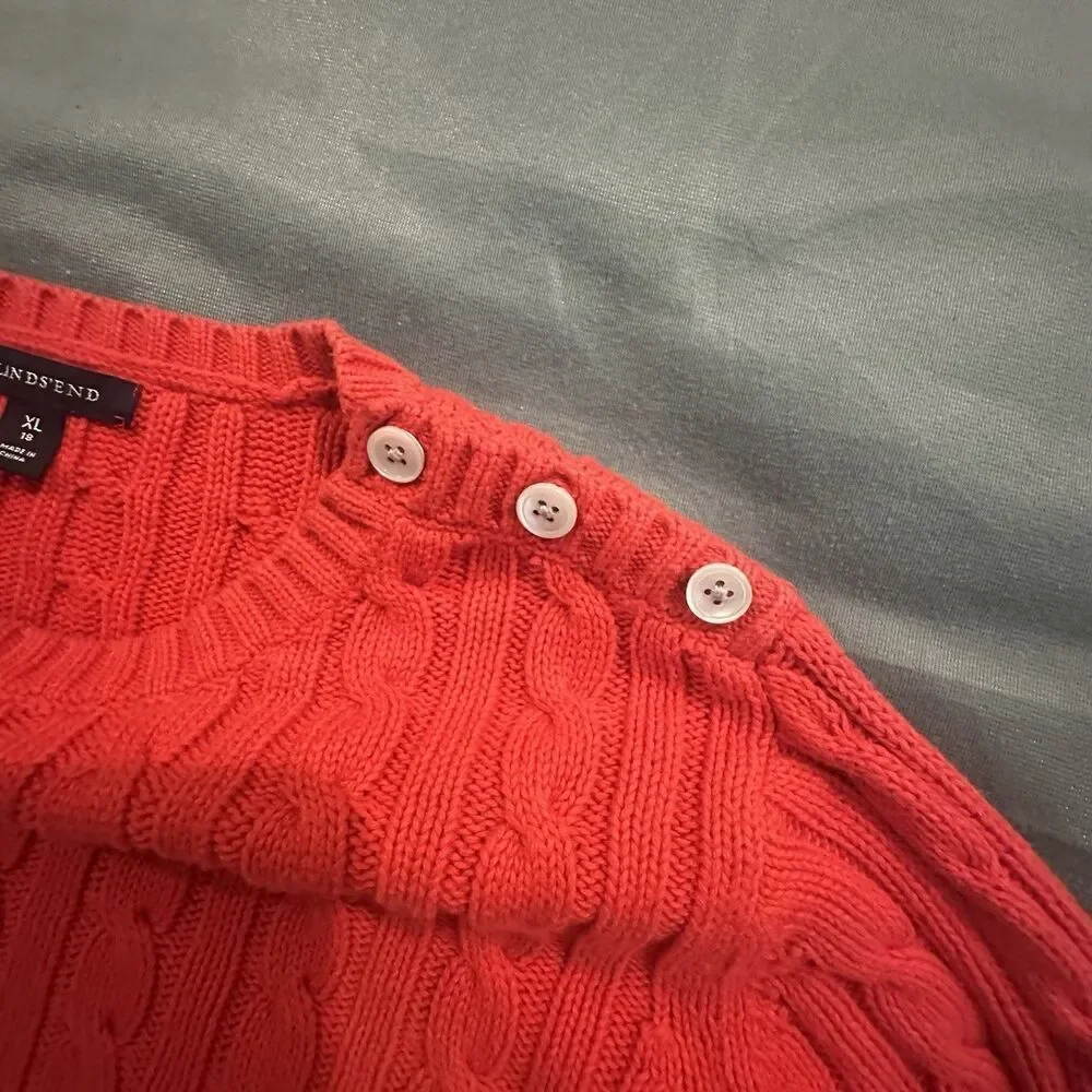 Lands End Cable Knit Sweater Cherry Red Womens XL Crewneck Shoulder Button